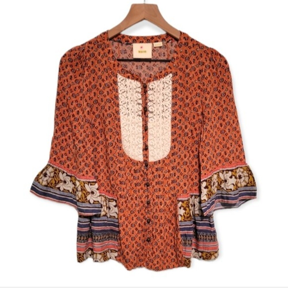 Anthropologie Maeve Hiver Blouse Mixed Print Boho Orange Floral Size 4